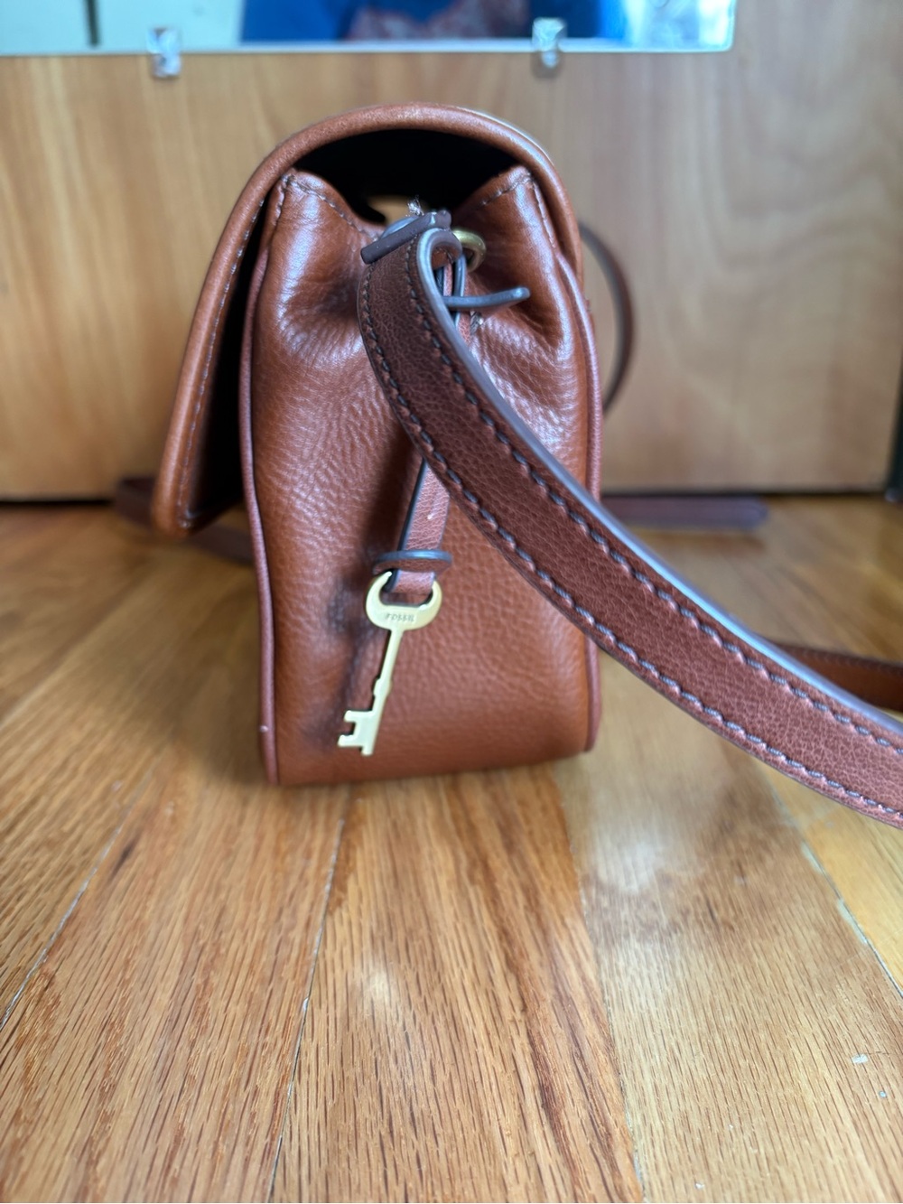 Fossil Brown Leather Crossbody Bag with Brass Accent - Picture 2 of 6